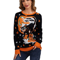 Halloween Black Cat Pumpkin Crew Neck Sweater
