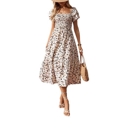 Square Neck Ruffle Sleeve Leopard Print Smocked Waist Midi Dress