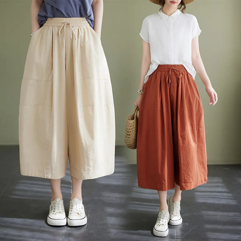 Elastic Waist Pocket Loose Wide Leg Cropped Casual Pants