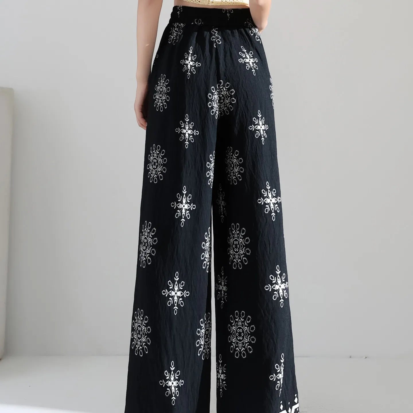Ethnic Floral Print High Waist Micro Stretch Cotton Linen Straight Long Casual Pants