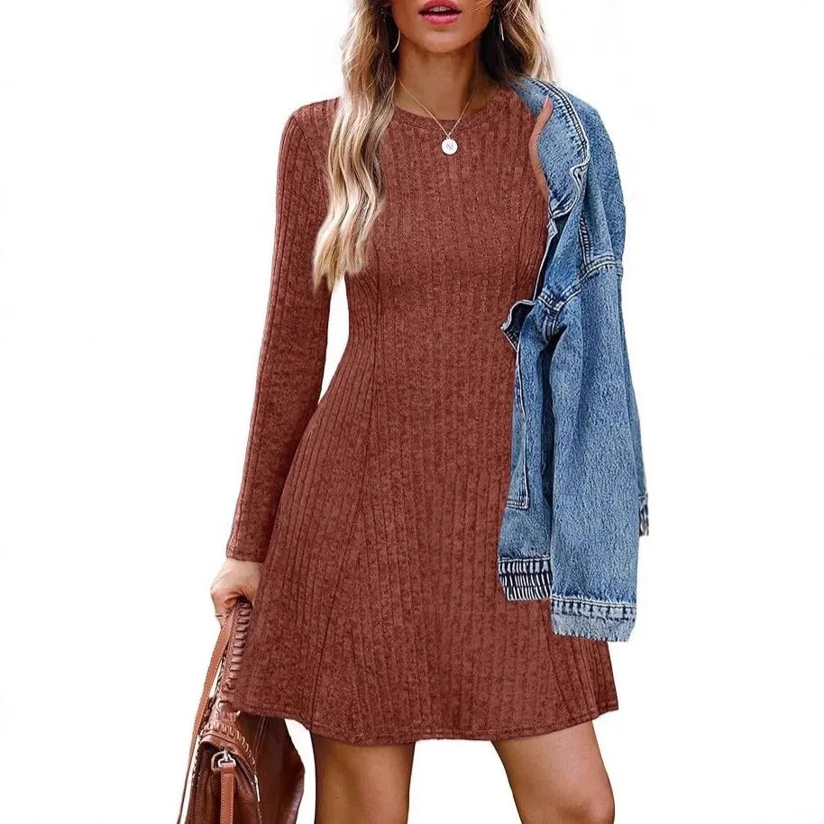Ribbed Knit Round Neck Long Sleeve Slim A-Line Midi Dress