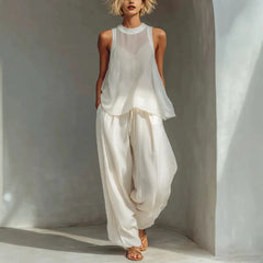 Sleeveless High Neck Flowy Top & Wide Leg Linen-Blend Pants Set