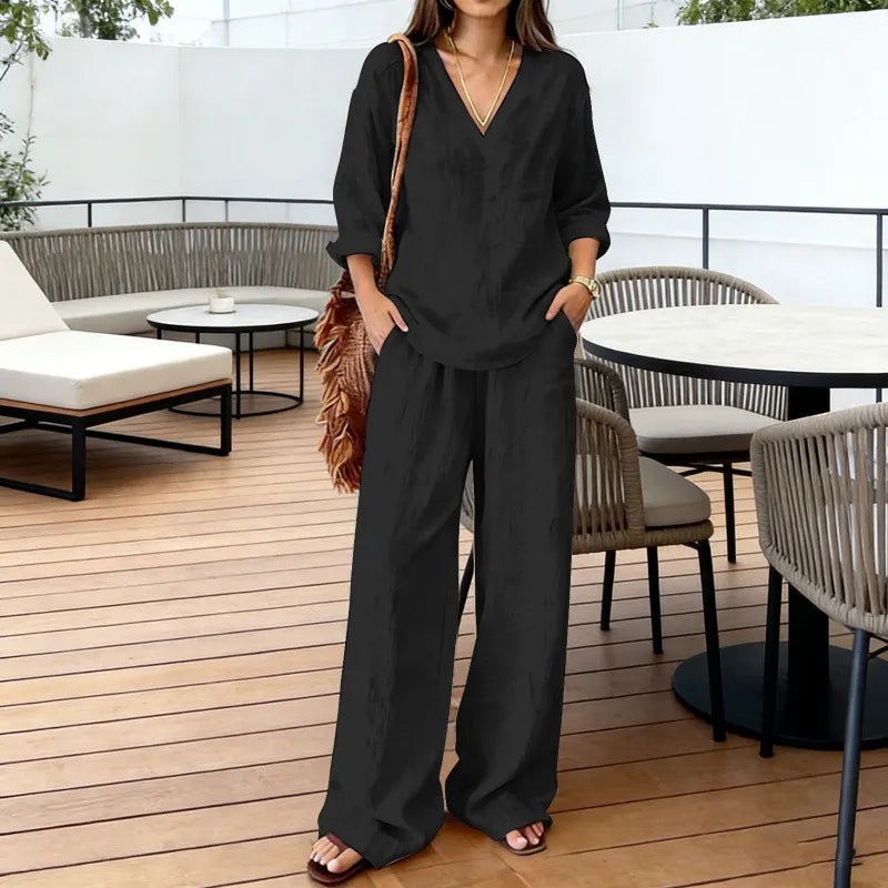 Solid V-Neck Long Sleeve Top & Wide Leg Pants Two-Piece Set