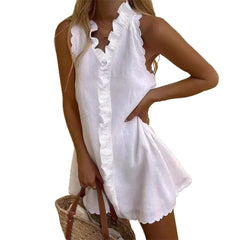Sleeveless Ruffled Lotus Leaf V Neck Cotton Linen Mini Dress