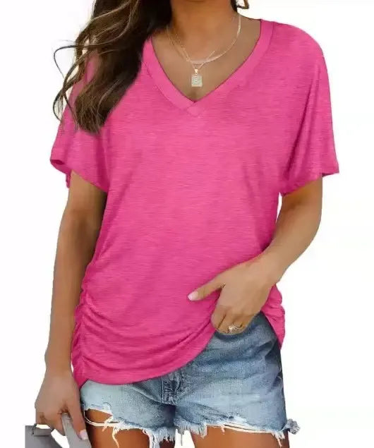 V-Neck Solid Color Loose Short Sleeve Rayon Blend Casual T-shirt
