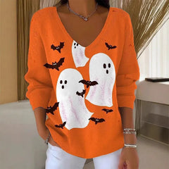 Halloween Ghost Pumpkin V‑Neck Sweater