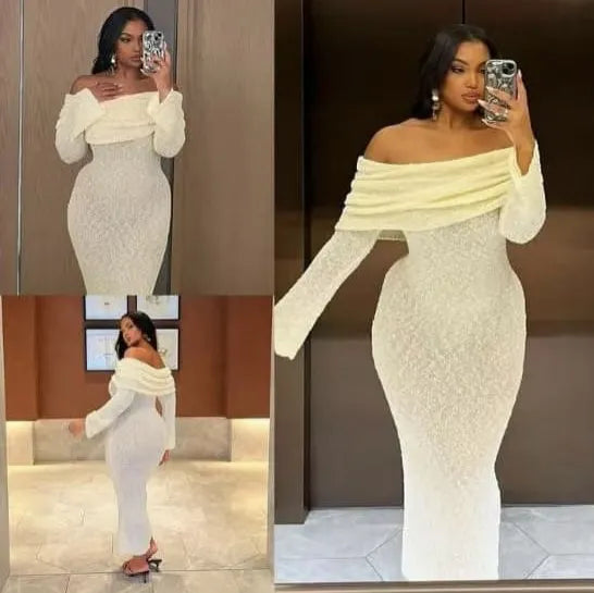 Pink Sequin Off-Shoulder Long Sleeve Midi Dress
