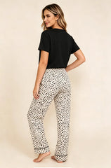 Color Block Polka Dot Pocket Short Sleeve Long Pants Loungewear Set