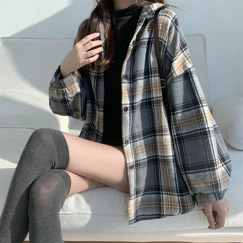 Fall Oversized Brown Black Plaid Shirt, Long Length Button Front Loose Fit Blouse