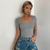 Casual Short Sleeve Tight Top Solid Shirt Top
