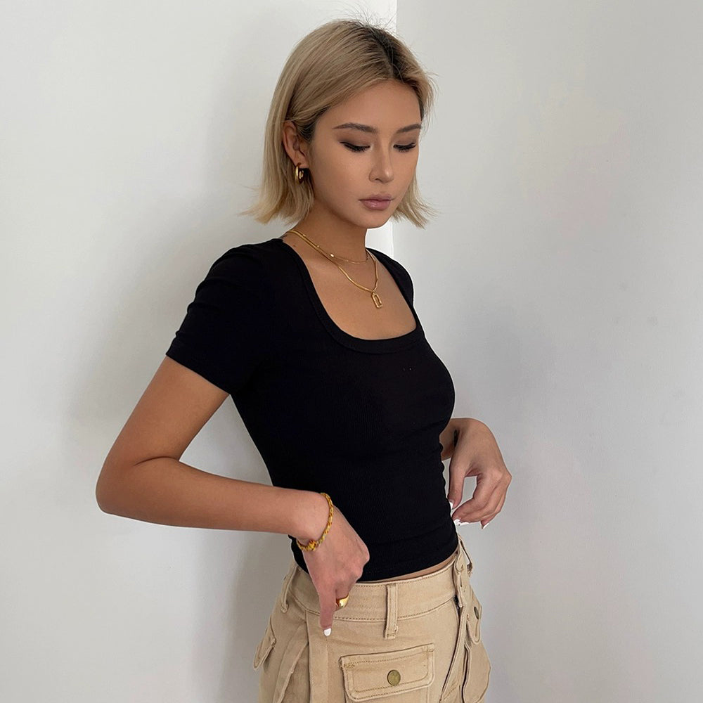 Casual Short Sleeve Tight Top Solid Shirt Top