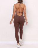 Pantalones de yoga ajustados de una pieza, de secado rápido y color melocotón para levantar la cadera