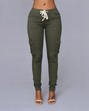 Pantalones casuales con cordones y múltiples bolsillos para mujer 