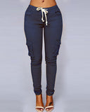 Pantalones casuales con cordones y múltiples bolsillos para mujer 