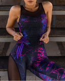 Sleeveless Printed Back Hollow Mesh Split Bodysuit Sports Yoga Clothes
