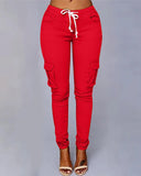Pantalones casuales con cordones y múltiples bolsillos para mujer 