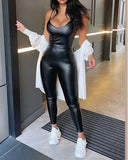 V-Neck Pu Suspenders Slim Jumpsuit Women