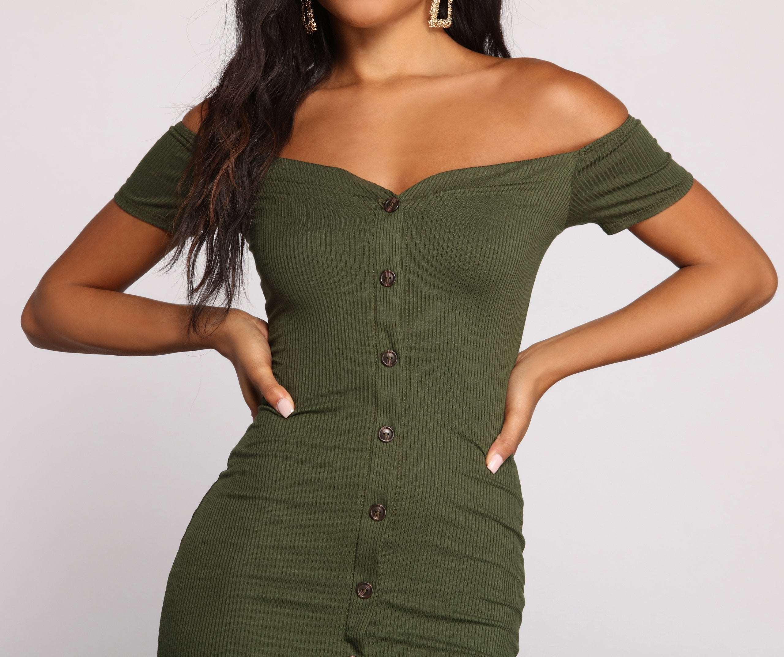 All Buttoned Up Off The Shoulder Midi Dress