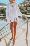 White Round Neck Sweet Tassels Fishnet Cutout Beachwear