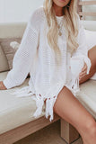 White Round Neck Sweet Tassels Fishnet Cutout Beachwear