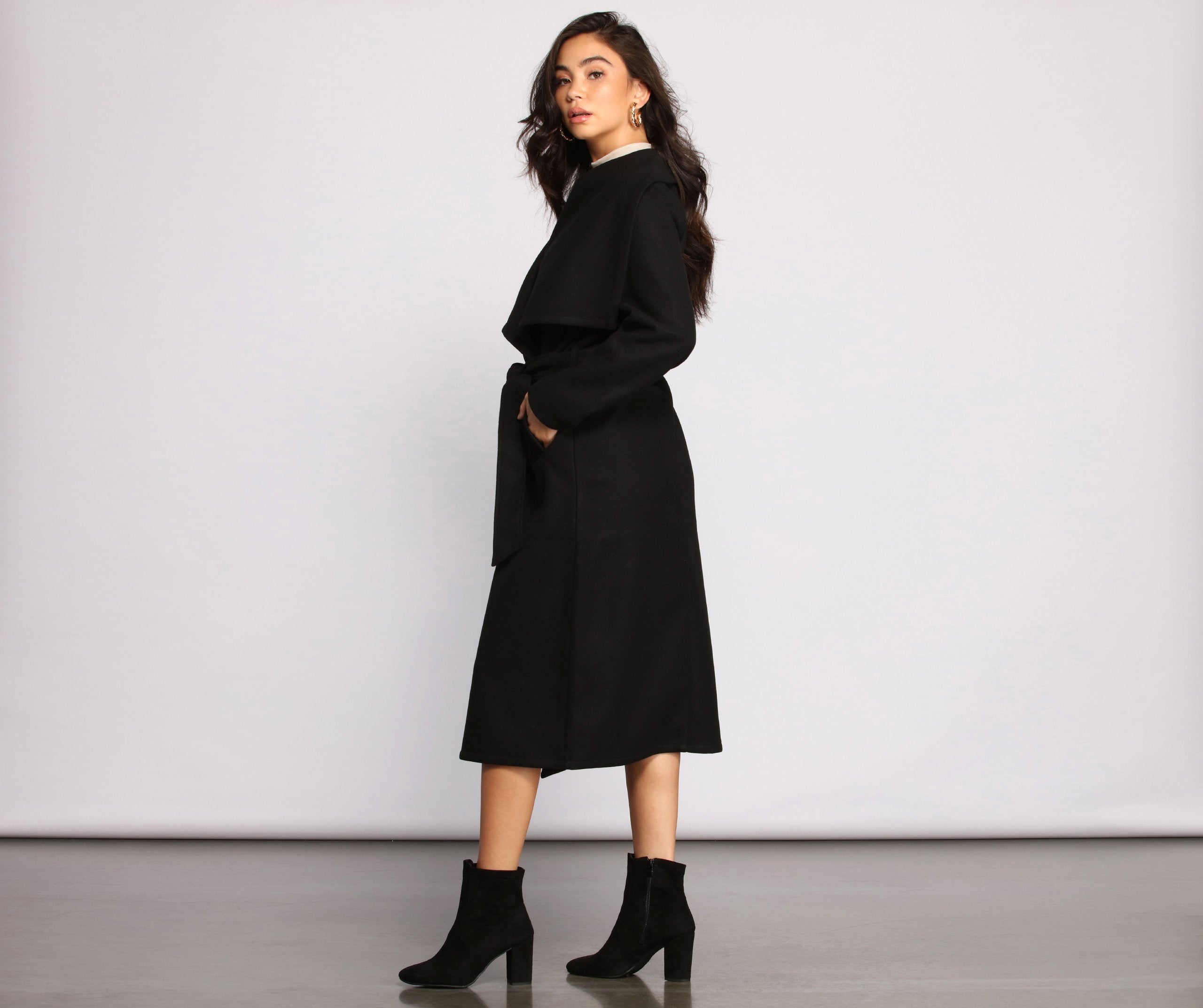 Day Chic Drape Front Belted Coat