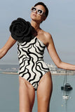 Zebra Print Dramatic 3D Flower One Piece Swimwear