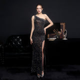 Heary dazzling sequined one-shoulder asymmetric dress