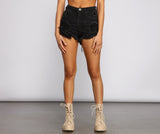 High Rise Button Down Distressed Shorts