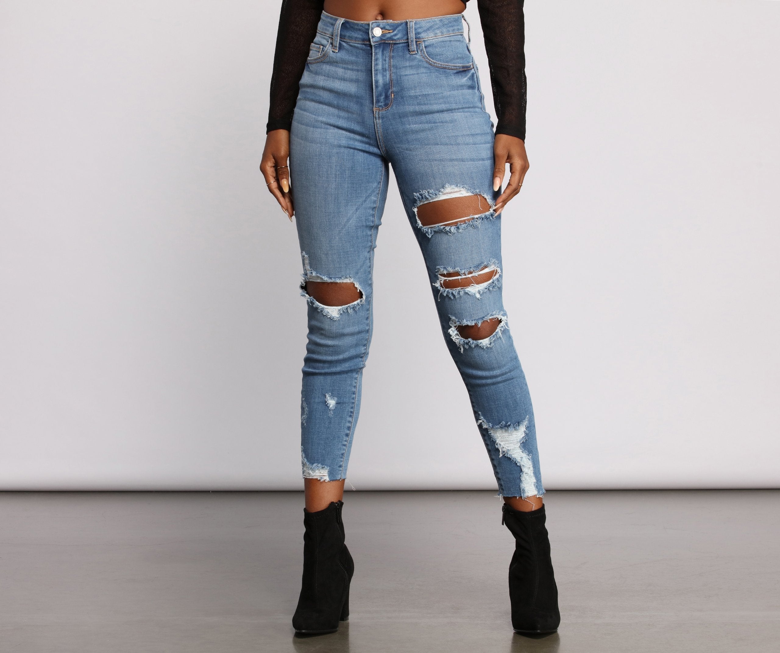 High Rise Edgy Distressed Skinny Jeans
