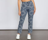 Hoch geschnittene Jeans mit Stickerei und geradem Bein