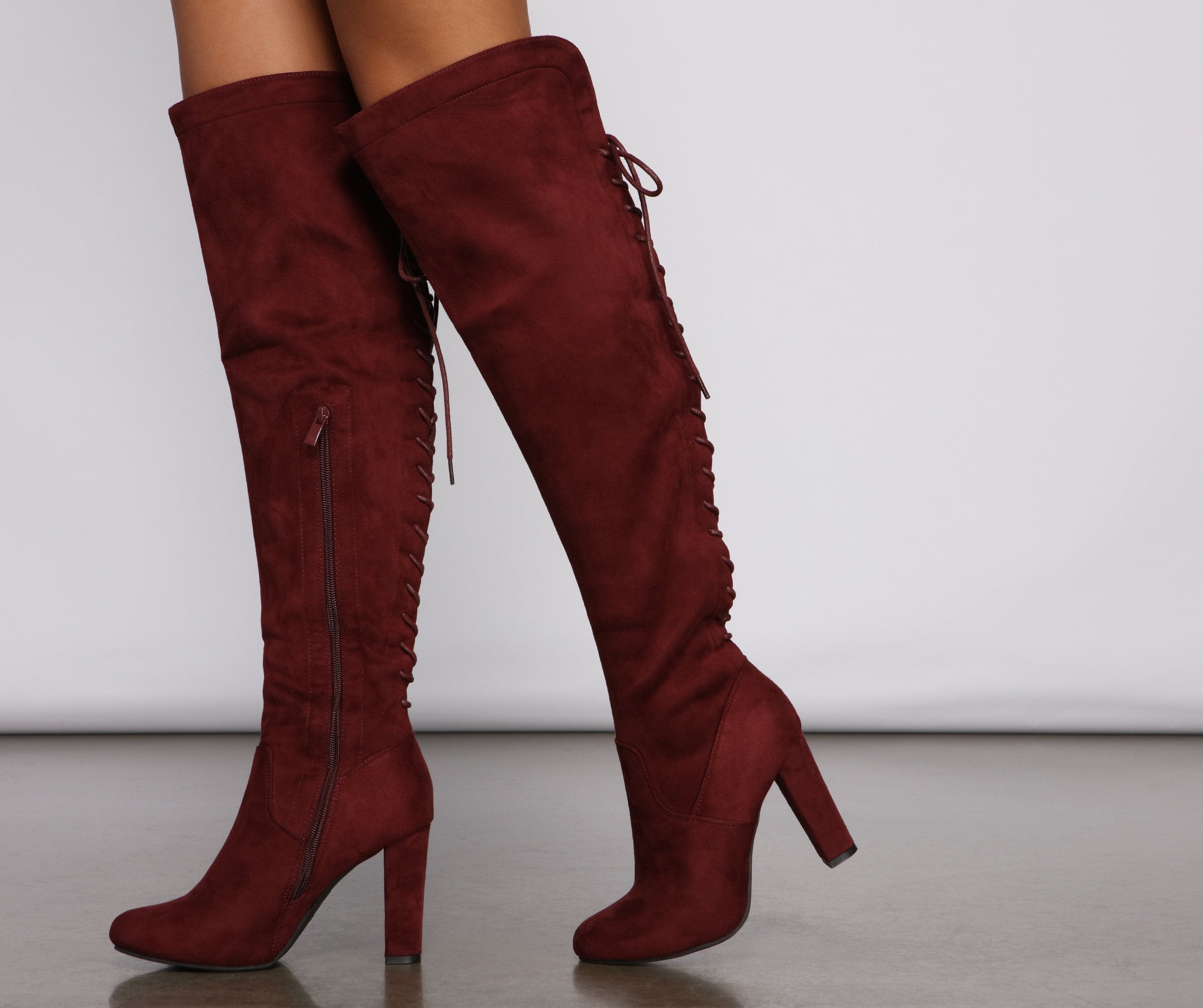 Lace Back Over The Knee Block Heeled Boots