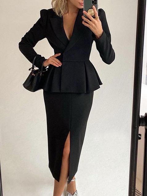 Long Sleeves Front Slit High Collar Two Piece Suit