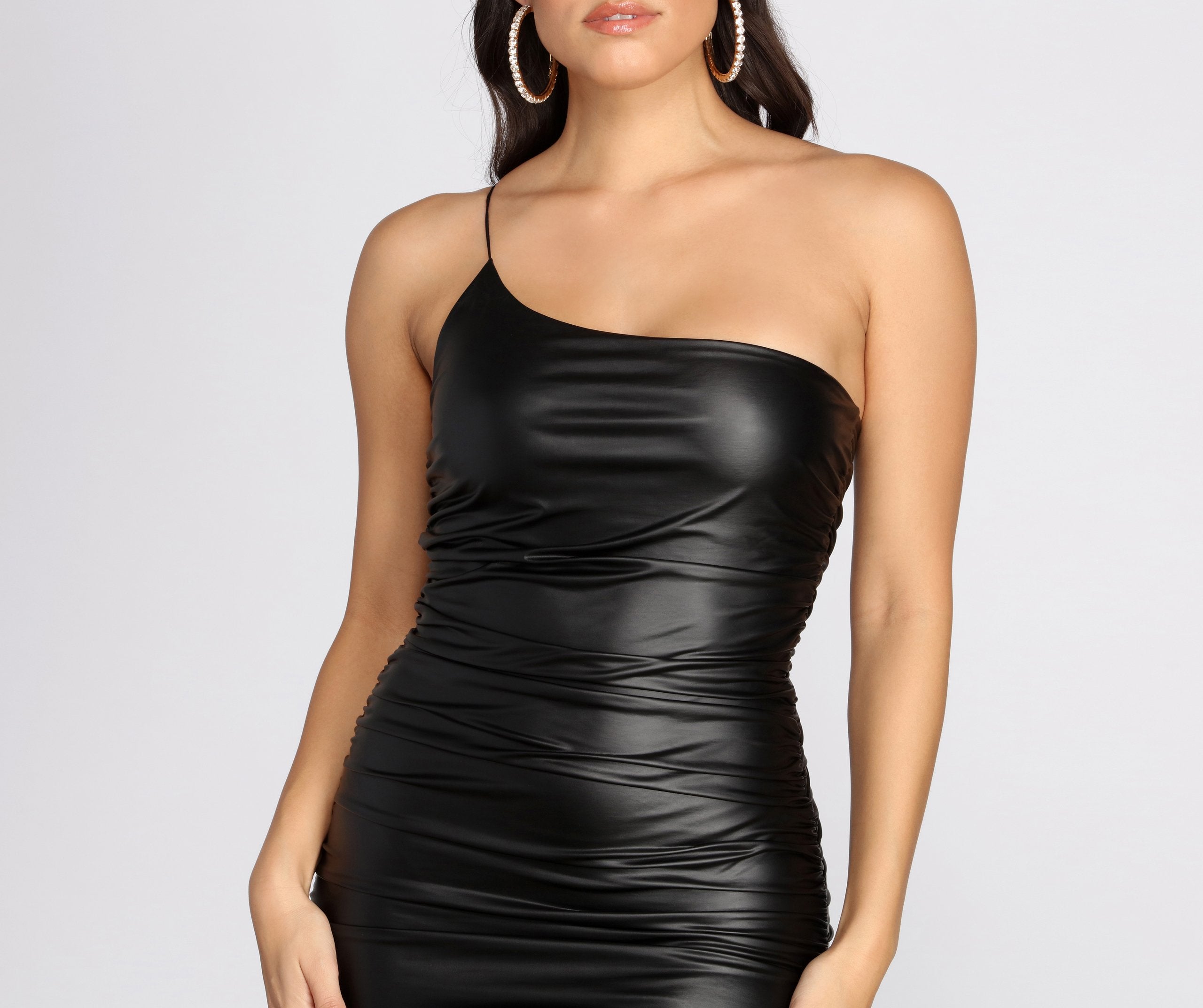 One Shoulder Faux Leather Mini Dress