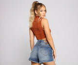 Step Up Lace Up Faux Suede Crop Top