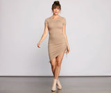 Stylishly Ruched Ribbed Knit Mini Dress