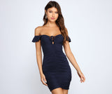 Swept Away Off-The-Shoulder Ruched Mini Dress