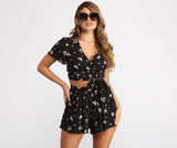 Tie Waist Short Sleeve Floral Crop Top