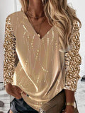 V-Neck Sequined Long Sleeve T-Shirt