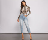 Velvet Snake Print Mock Neck Bodysuit