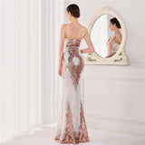 Wings Pattern Sequin Mesh Strappy Gown