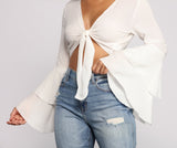 Woven Tie Front Bell Sleeve Crop Top