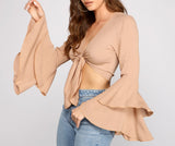 Woven Tie Front Bell Sleeve Crop Top