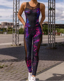Sleeveless Printed Back Hollow Mesh Split Bodysuit Sports Yoga Clothes