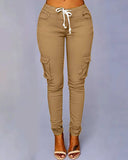 Pantalones casuales con cordones y múltiples bolsillos para mujer 